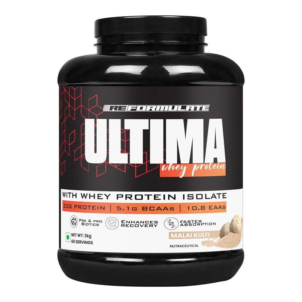Reformulate I Ultima I Whey Protein with Isolate I 23 G Protein I 5.1G BCAA I 10.8 EAA I Pre & Probiotics I Enhances Recovery I Faster Absorption I Nutraceutical I Malai I Serving 60 I 2 KG